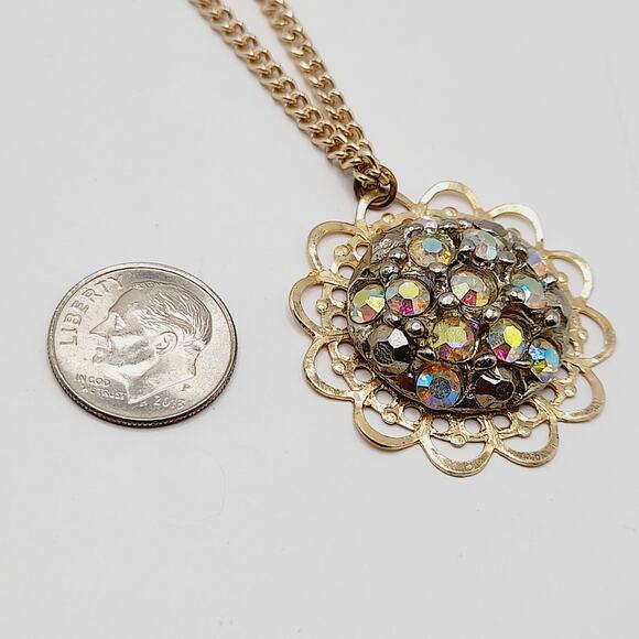 Vintage AB Rhinestone Filigree Pendant Necklace Gold Tone 18 Inch Chain - Picture 7 of 9
